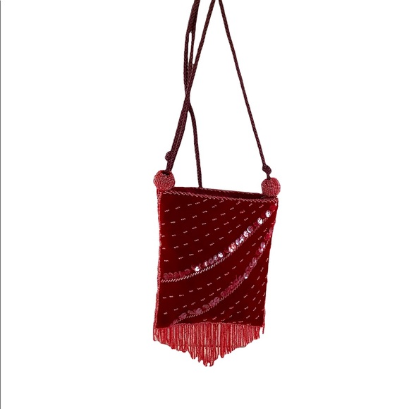 Womens Beaded Red Velvet Pillow Crossbody Fringe Bag